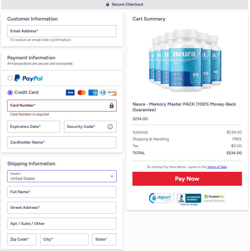 Neura Offer checkout form